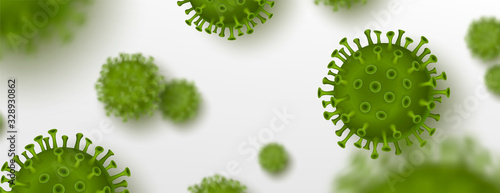 Vector influenza coronavirus background, virus 2019. 3d illustration, asian flu. Realistic bacteria, microbe infection and blood, biology banner, concept. Vector bacillus, microorganism in closeup.