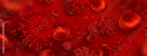 Vector influenza coronavirus background, virus 2019. 3d illustration, asian flu. Realistic bacteria, microbe infection and blood, biology banner, concept. Vector bacillus, microorganism in closeup.