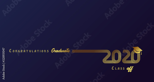 Class off 2020 year congratulation graduate, golden lines design. Vector graduation illustration with gold academic cap isolated on dark blue background