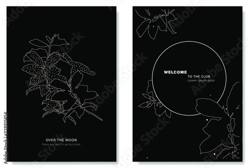 Minimal black and white line art of tropical leaves, invitation card design template