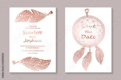 Set of modern luxury wedding invitation design or card templates for business or presentation or greeting with rose gold dreamcatcher and feathers on a white background.