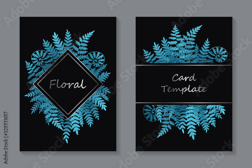 Set of modern luxury wedding invitation design or card templates for business or presentation or greeting with silver text and blue fern leaves on a black background.