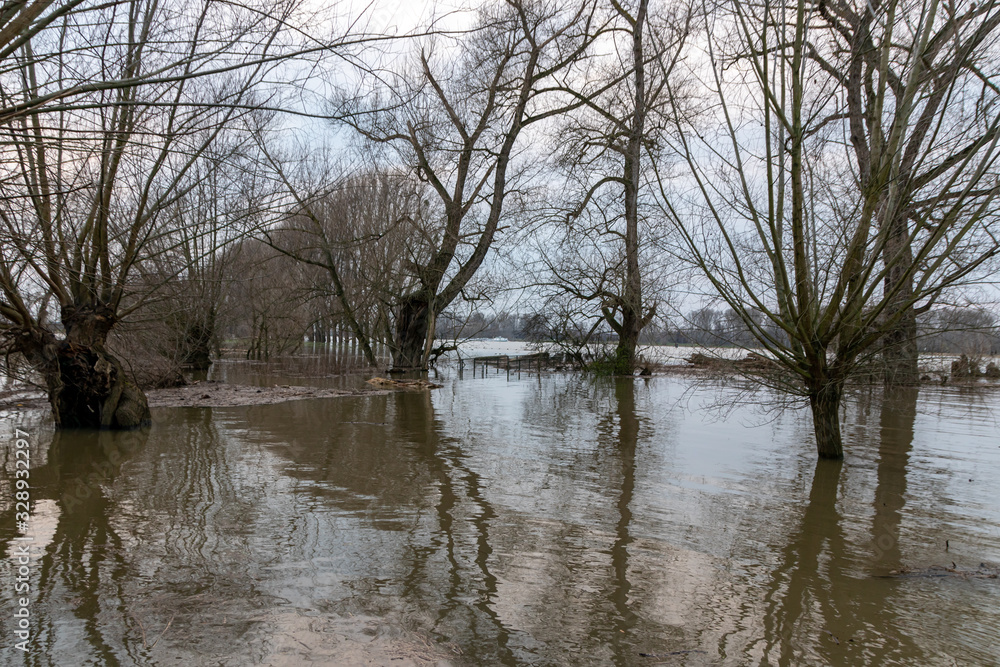 Obraz premium Überschwemmte Auenlandschaft mit überfluteter Wiese zeigt Land unter nach starken Regenfällen, Dauerregen, Monsun und Starkregen mit überfluteter Brücke und Bäumen und gefährlicher Strömung