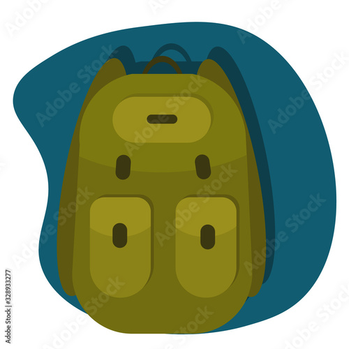 Camping tarpaulin backpack  with large pockets on dark blue background.  Travel illustration in flat style.  Retro rucksack like concept  real travels and adventures