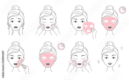 Steps how to apply facial cosmetic mask and clay mask. Line vector elements on a white background.
