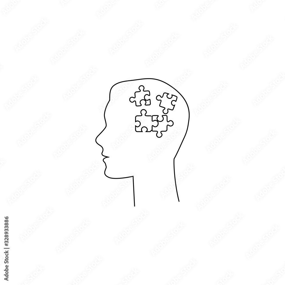 Human had flat line icon with puzzle inside. Vector illustration