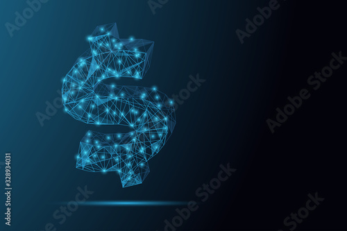 Futuristic glowing low polygonal dollar sign made of stars, lines, dots,triangles isolated on dark blue background. Online payment concept.