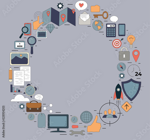 Circle shaped SEO icons set composition. Simple color icons for seo, business and social media marketing