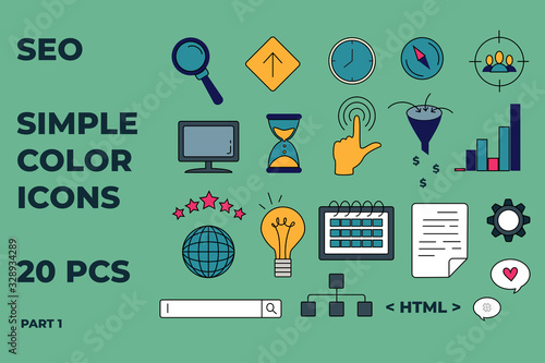 SEO icons set. Simple color icons for seo, business and social media marketing