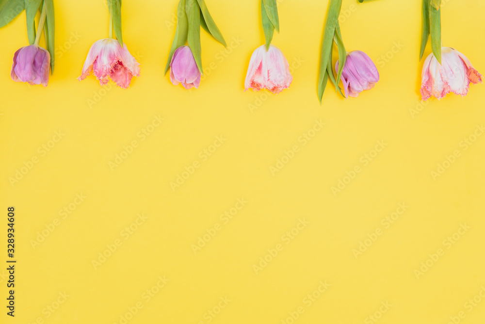 Fresh Spring Tulips Flowers Concept Woman's day Greeting Card Mother's Day Valentines Yellow Background Natural Light Selective Focus