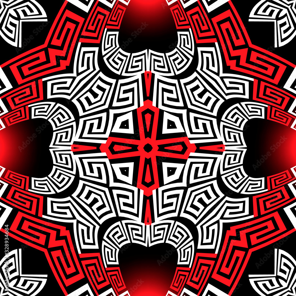 Tribal black white red greek style vector seamless pattern. Ornamental geometric ethnic glowing background. Colorful abstract elegant backdrop. Geometric modern ornate greek key meanders ornaments Tribal black white red greek style vector seamless pattern. Ornamental geometric ethnic glowing background. Colorful abstract elegant backdrop. Geometric modern ornate greek key meanders ornaments
