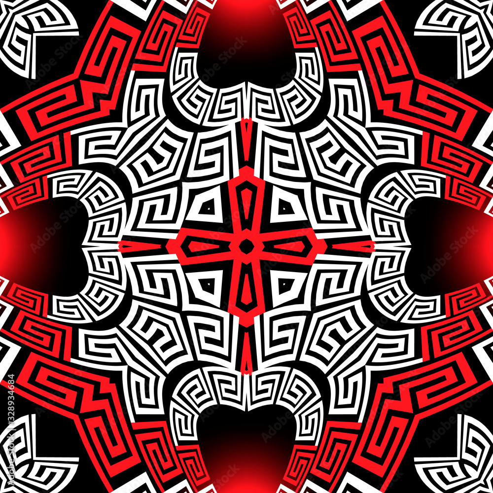 Tribal black white red greek style vector seamless pattern. Ornamental geometric ethnic glowing background. Colorful abstract elegant backdrop. Geometric modern ornate greek key meanders ornaments