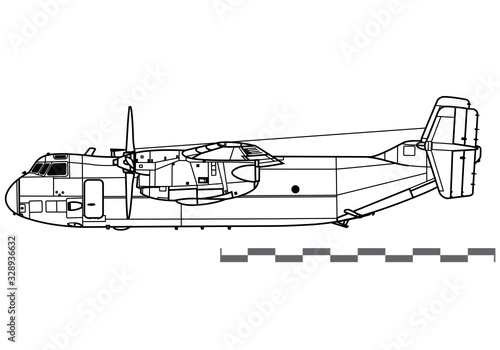 Grumman C-2 Greyhound. Vector drawing of military transport aircraft. Side view. Image for illustration.