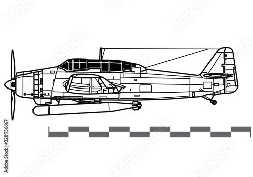 Aichi B7A Ryusei Grace. World War 2 combat aircraft. Side view. Image for illustration.