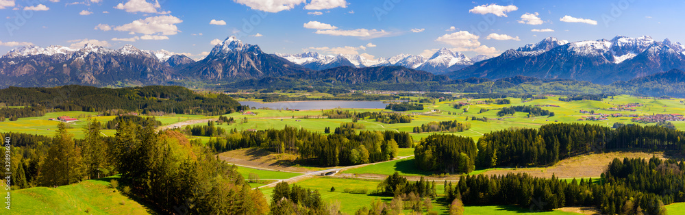 Obraz premium panoramic landscape with meadow and lake in front of alps mountains