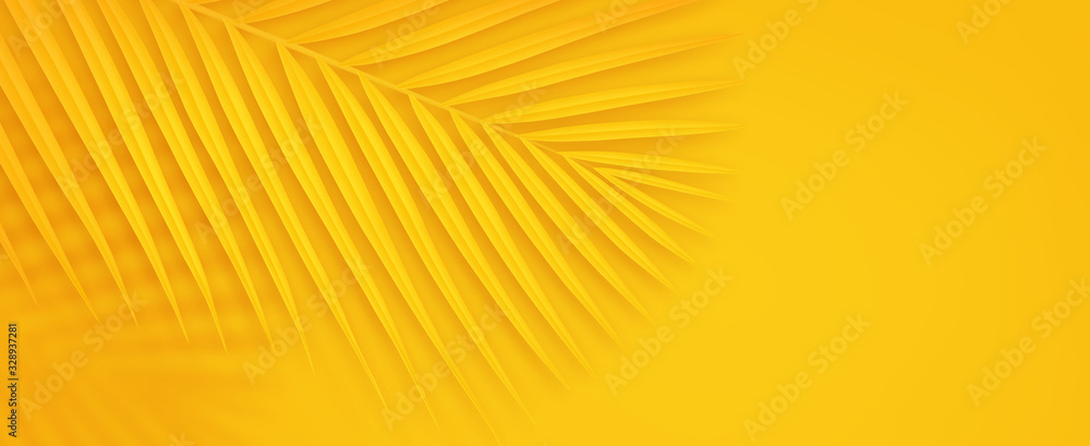 Fototapeta Colorful summer background with copy space. Bright yellow 3d illustration of tropical palm branch.