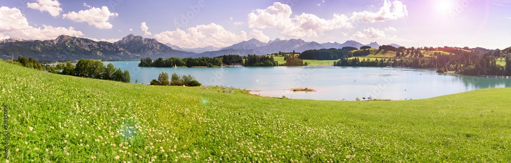 panoramic landscape with meadow and lake in front of alps mountains panoramic landscape with meadow and lake in front of alps mountains