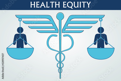 Health equity illustration vector. A design consisting of a caduceus symbol, balances, and human icons. Health and healthcare concept. Printable eps10 format.