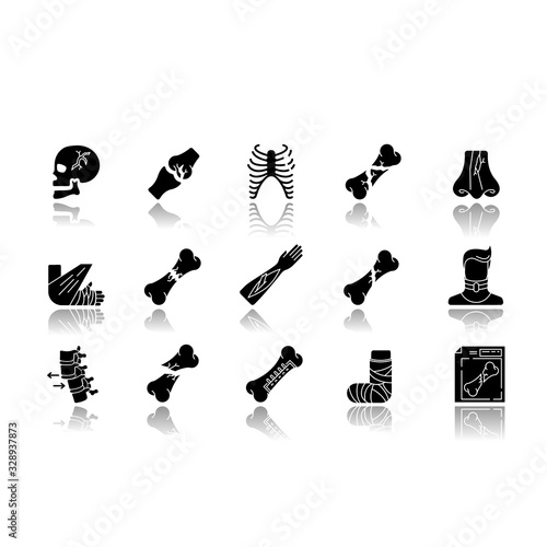 Body injuries drop shadow black glyph icons set. Broken arm, foot. Bone fractures. Neck and skull injury. Hurt limbs. Rib cage break. Rib cage break. Isolated vector illustrations on white space