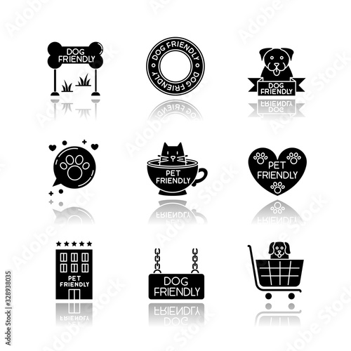 Pet friendly emblems drop shadow black glyph icons set. Four-legged friends allowed territories, kitty and doggy permitted, welcome public places. Isolated vector illustrations on white space