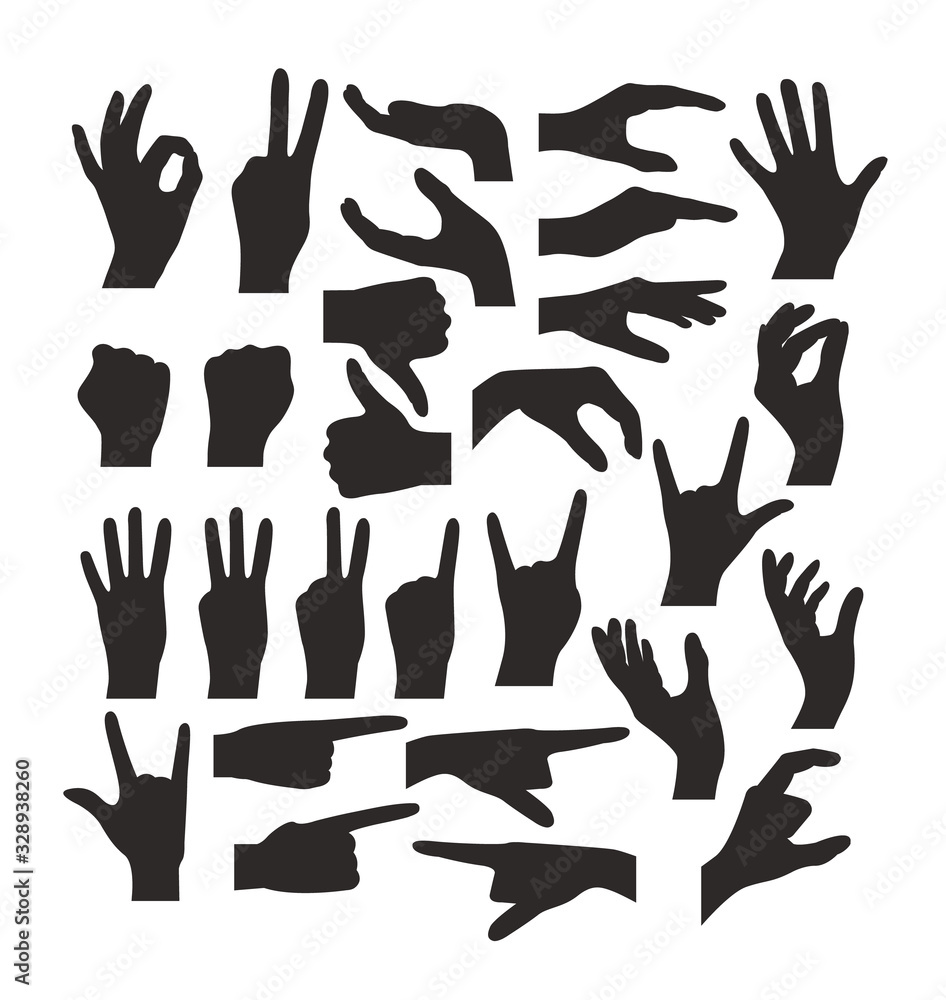 Hand isolated shadow silhouette gestures isolated set. Vector flat graphic design illustration Hand isolated shadow silhouette gestures isolated set. Vector flat graphic design illustration