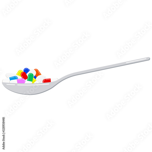 Pills and capsules in spoon vector illustration isolated on white background.