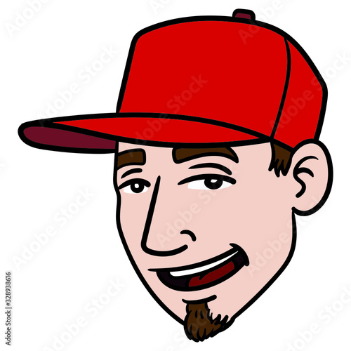 Head of a boy with a mustache and red baseball cap. vector illustration, comic, avatar, head.
