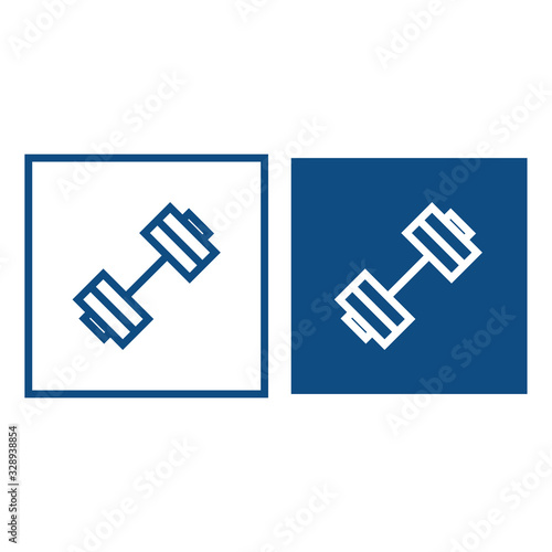 Silhouette of dumbbell for sport. The symbol is located in a square frame. Vector blue icons.