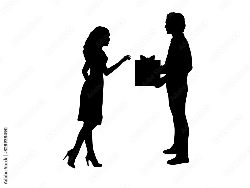 Silhouette of man gives gift to woman