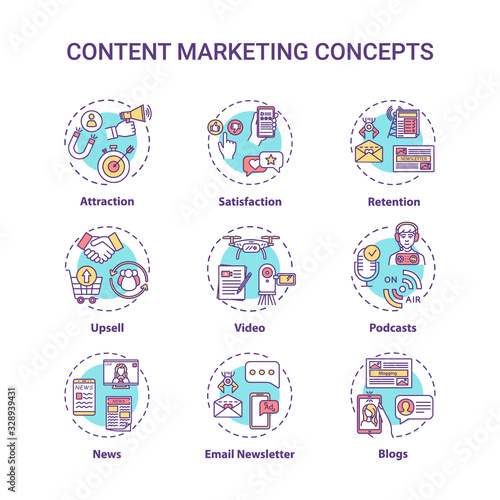 Content marketing concept icons set. Internet advertising, online customer attraction strategies idea thin line RGB color illustrations. Vector isolated outline drawings. Editable stroke