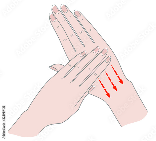 Exercises for the hands against inflammation of the joints and arthritis. Two female hands connected by fingers. Vector illustration