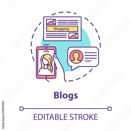 Blogs concept icon. Internet streaming, social media network, vlogging idea thin line illustration. Using influencers for viral marketing. Vector isolated outline RGB color drawing. Editable stroke