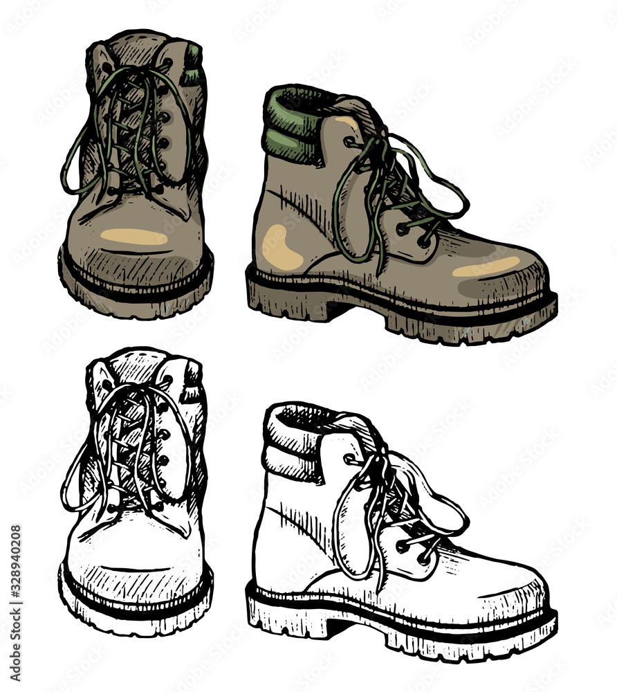 Boots for hiking and tourism. Hand drawn vector illustration. Set of  contour and color drawing isolated on white. Doodles element for design,  print, card, sticker. Vintage, ink sketch, realistic style Stock Vector