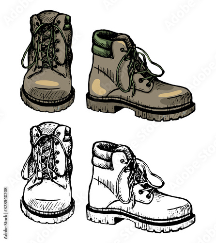 Boots for hiking and tourism. Hand drawn vector illustration. Set of contour and color drawing isolated on white. Doodles element for design, print, card, sticker. Vintage, ink sketch, realistic style
