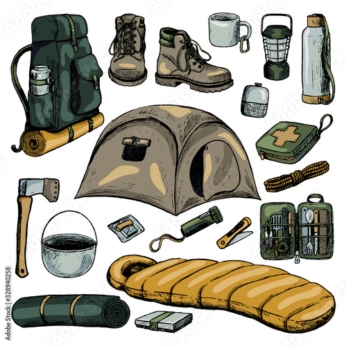 Hand drawn vector illustration. Set of travel attributes and tourism accessories. Camping, hiking theme collection in sketch style. Colored cartoon realistic elements isolated on white for design.