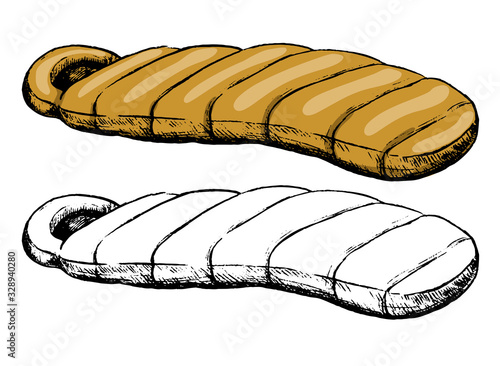 Tourist sleeping bag. Hand drawn vector illustration. Set of contour and color drawing isolated on white. Doodles element for design, card, print, sticker. Vintage, retro,  ink sketch, realistic style
