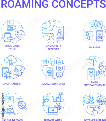Roaming blue concept icons set. Online map. Browsing social media. Incoming voice calls. Distant work. Internet connection idea thin line RGB color illustrations. Vector isolated outline drawings