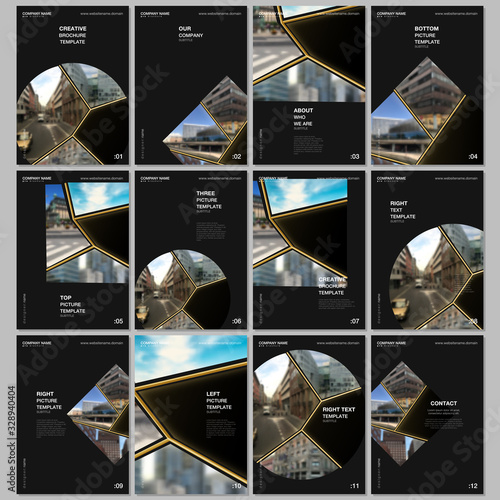 A4 brochure layout of covers design templates for flyer leaflet, A4 brochure design, presentation, book design. Abstract black and golden project with clipping mask, geometric shapes for your photo.