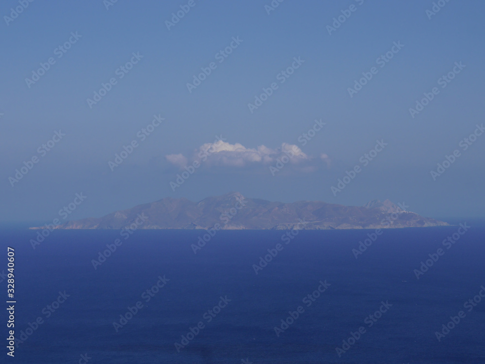 Panoramic view of the Aegean Sea and islands from the top of the mountain Mesa Vouno, on the island of Santorini, Greece.