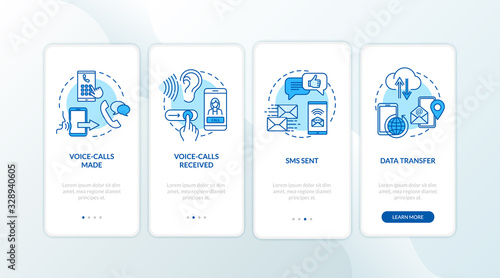 Voice-calls and SMS services onboarding mobile app page screen with concepts. Data transfer, roaming walkthrough 4 steps graphic instructions. UI vector template with RGB color illustrations