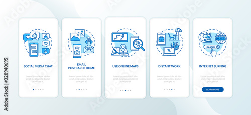 Online chat and distant work onboarding mobile app page screen with concepts. Internet surfing and email walkthrough 5 steps graphic instructions. UI vector template with RGB color illustrations