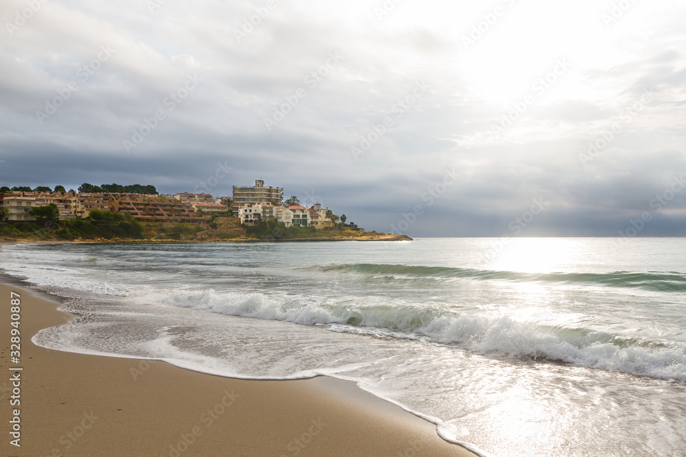 Altafulla beach and residential area on the shore facing the Mediterranean Sea. Tarragona