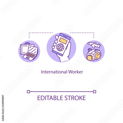 International worker concept icon. Work trip abroad, transborder flight, free-roaming services idea thin line illustration. Vector isolated outline RGB color drawing. Editable stroke