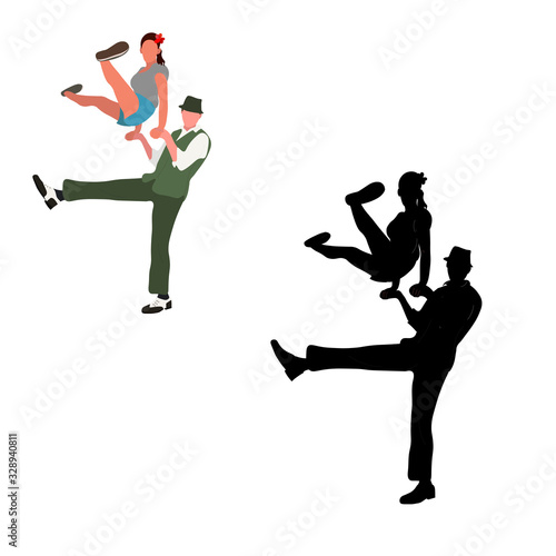 Dancing couples silhouettes on white background. People in 1940s or 1950s style. Men and women on swing, jazz, lindy hop or boogie woogie party. Vector illustration.