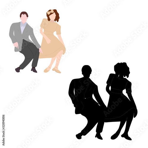 Dancing couples silhouettes on white background. People in 1940s or 1950s style. Men and women on swing, jazz, lindy hop or boogie woogie party. Vector illustration.