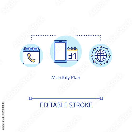 Monthly plan concept icon. Telecommunication, roaming, unlimited Internet and calls prepaid tariff idea thin line illustration. Vector isolated outline RGB color drawing. Editable stroke