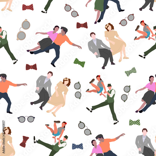 Seamless pattern with dancing couples silhouettes on white background. People in 1940s or 1950s style. Men and women on swing, jazz, lindy hop or boogie woogie party. Vector illustration.