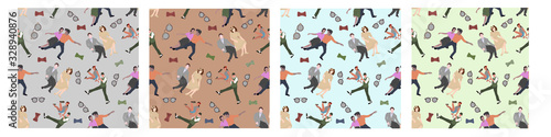  Set seamless pattern with dancing couples silhouettes on color background. People in 1940s or 1950s style. Men and women on swing, jazz, lindy hop or boogie woogie party. Vector illustration.
