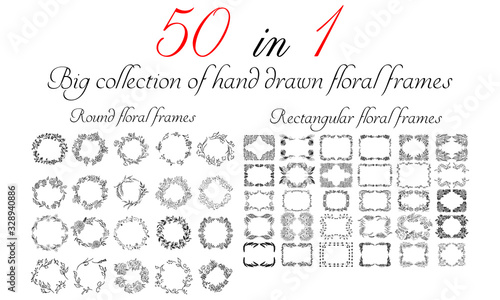 Big collection of 50 round and rectangular floral frames. Big floral botanical flowers set isolated on a white background. Hand drawn outline vector collection
