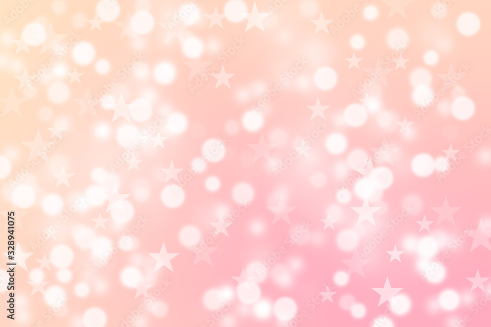 An abstract background with bokeh effect suitable for holiday celebrations, in pale pink and orange colors. With circles and stars.